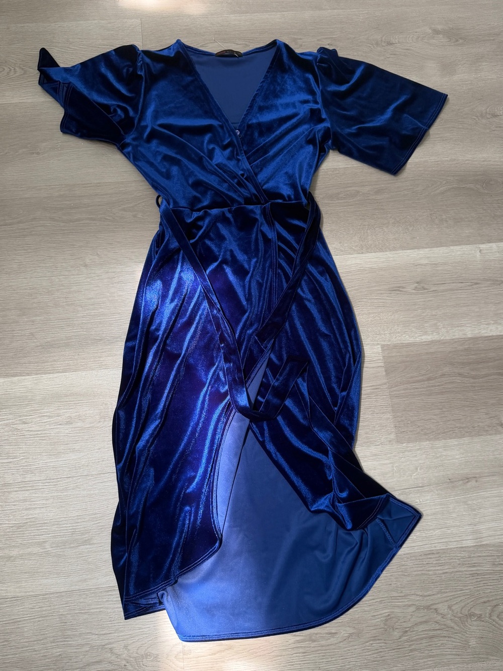 Women's Navy Blue Velvet Wrap Dress with Tie Waist